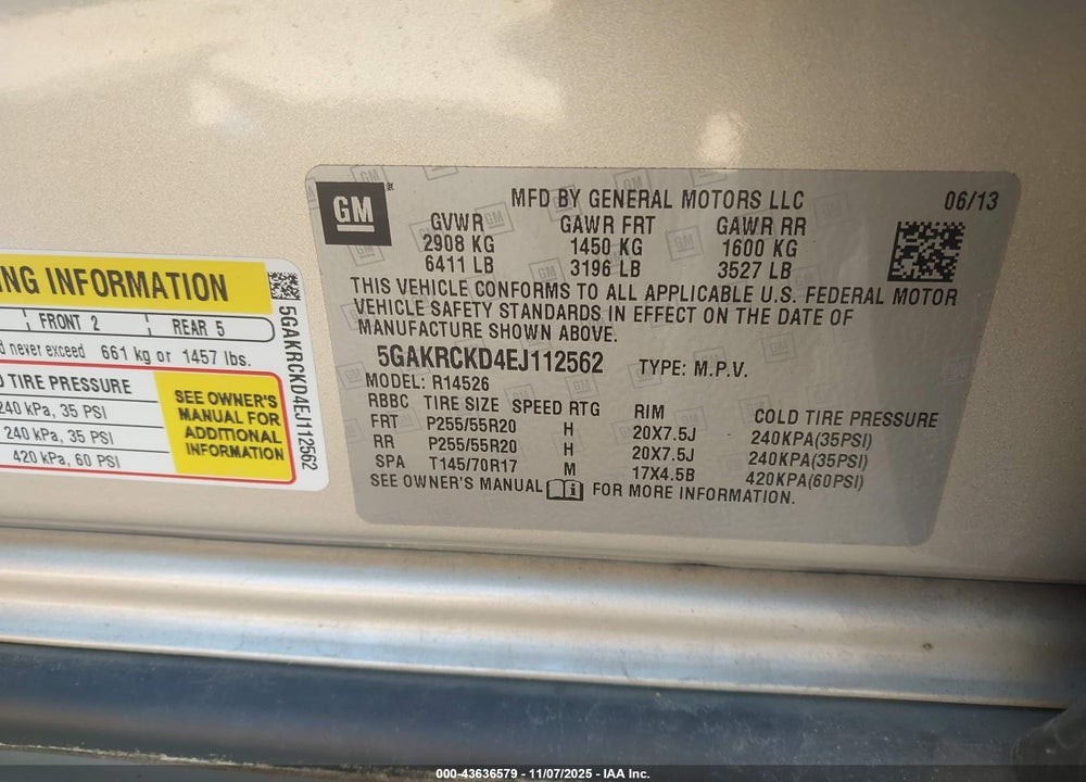 2014 BUICK ENCLAVE PREMIUM VIN: 5GAKRCKD4EJ112562