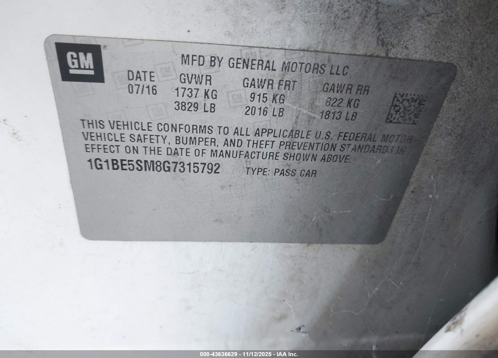 2016 CHEVROLET CRUZE LT AUTO VIN: 1G1BE5SM8G7315792