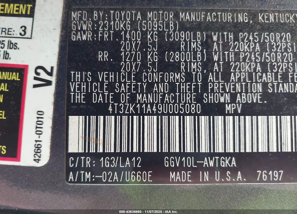 2009 TOYOTA VENZA VIN: 4T3ZK11A49U005080