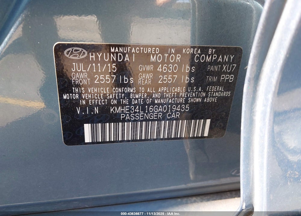 2016 HYUNDAI SONATA HYBRID VIN: KMHE34L16GA019435