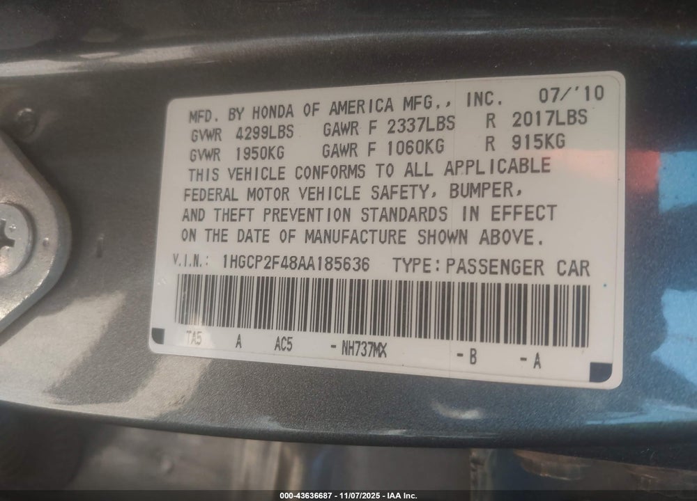 2010 HONDA ACCORD VIN: 1HGCP2F48AA185636
