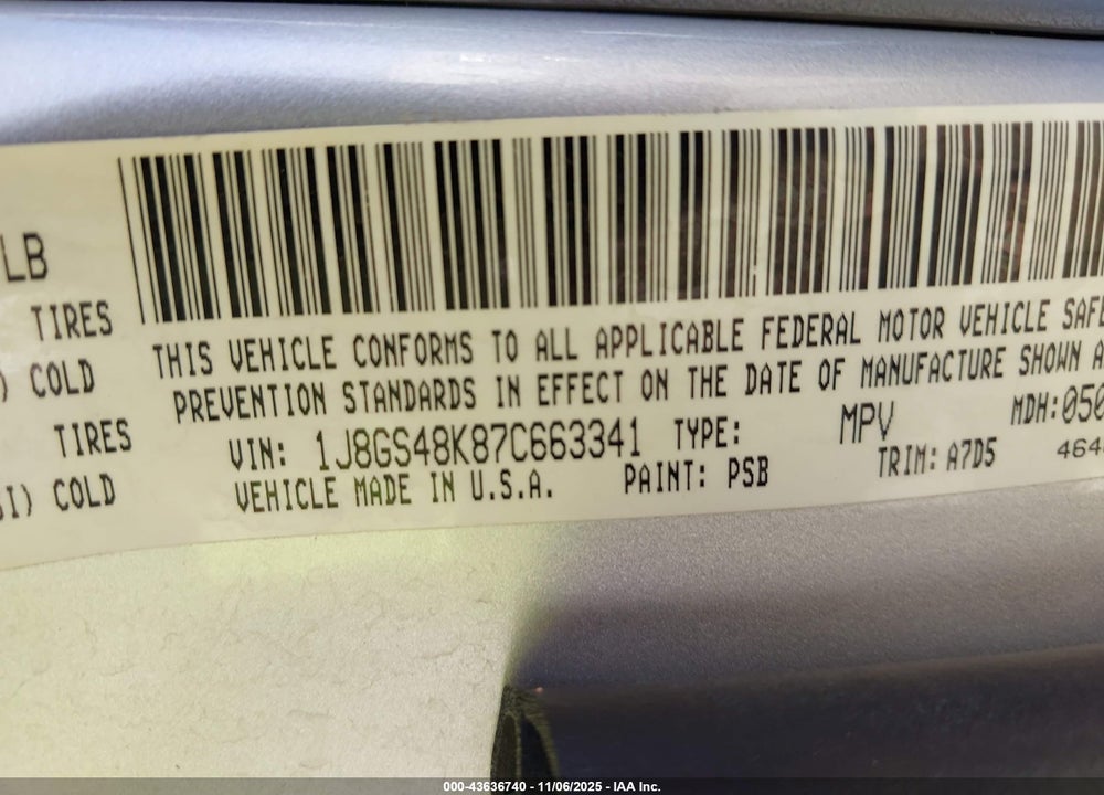 2007 JEEP GRAND CHEROKEE LAREDO VIN: 1J8GS48K87C663341