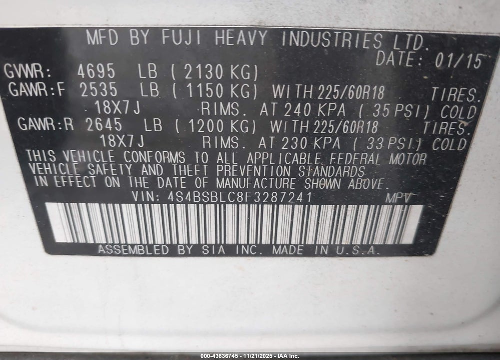 2015 SUBARU OUTBACK 2.5I LIMITED VIN: 4S4BSBLC8F3287241
