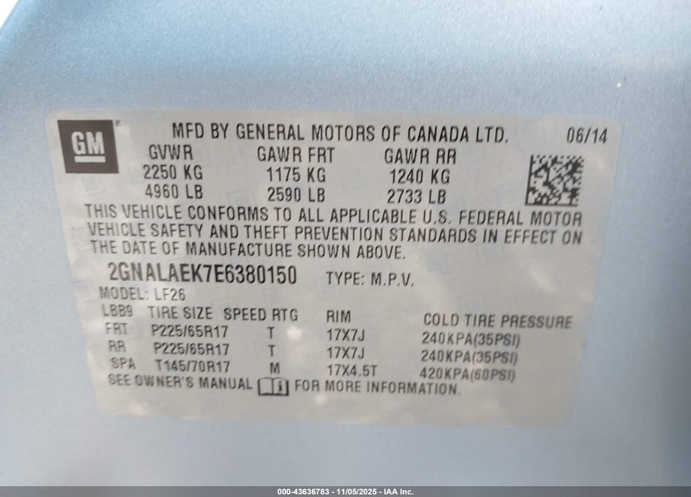 2014 CHEVROLET EQUINOX LS VIN: 2GNALAEK7E6380150