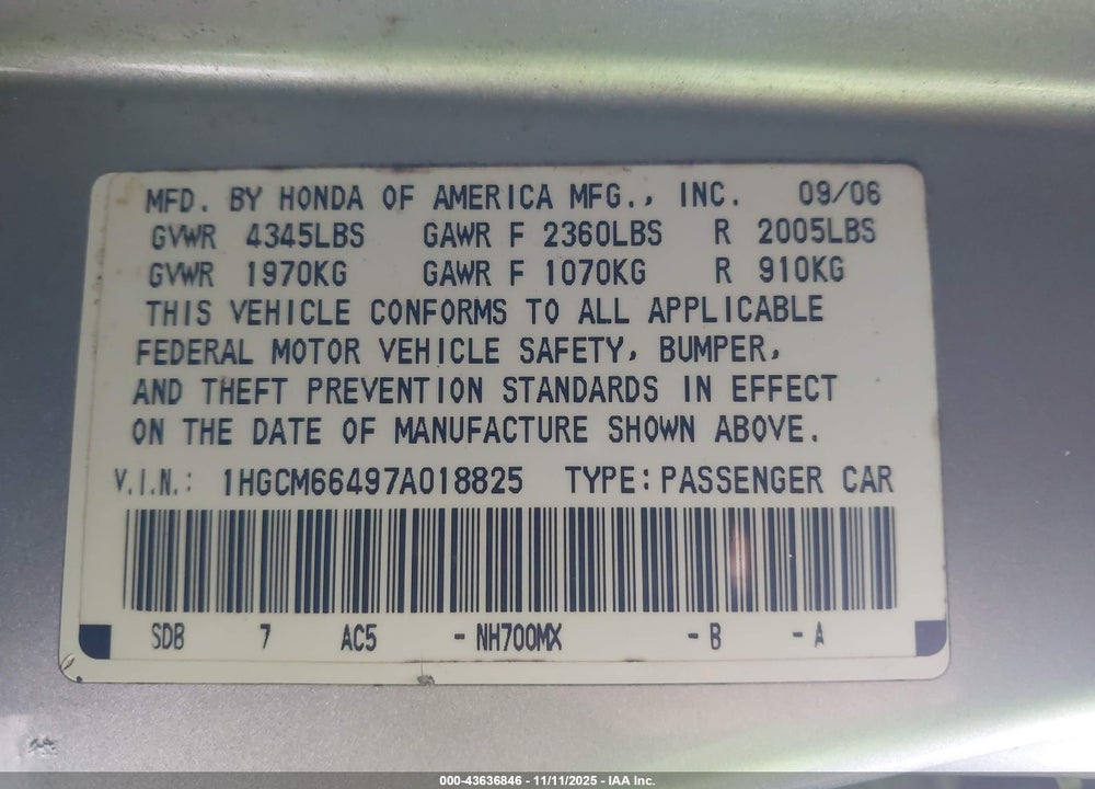 2007 HONDA ACCORD 3.0 SE VIN: 1HGCM66497A018825