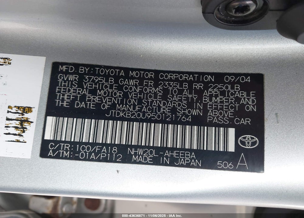 2005 TOYOTA PRIUS VIN: JTDKB20U950121764