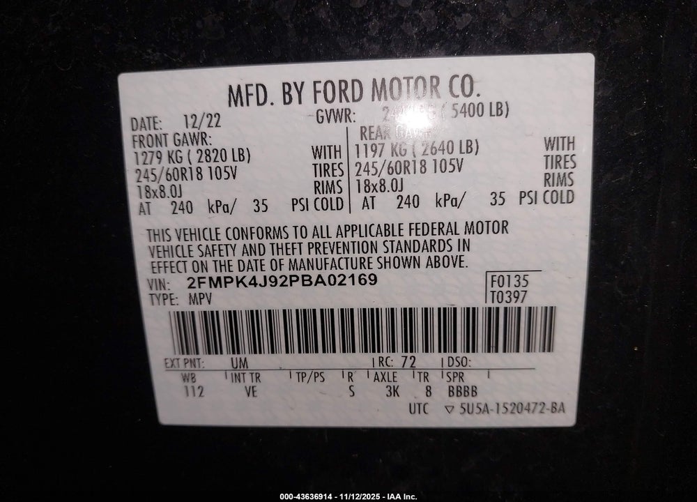 2023 FORD EDGE SEL VIN: 2FMPK4J92PBA02169