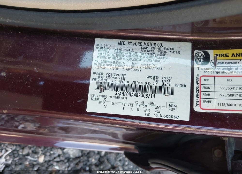 2011 FORD FUSION VIN: 3FAHP0HA4BR308714
