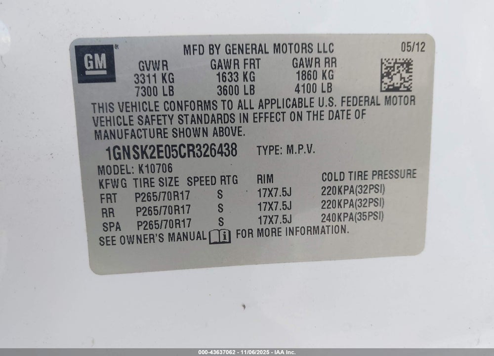 2012 CHEVROLET TAHOE COMMERCIAL FLEET VIN: 1GNSK2E05CR326438