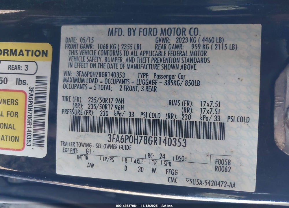 2016 FORD FUSION SE VIN: 3FA6P0H78GR140353