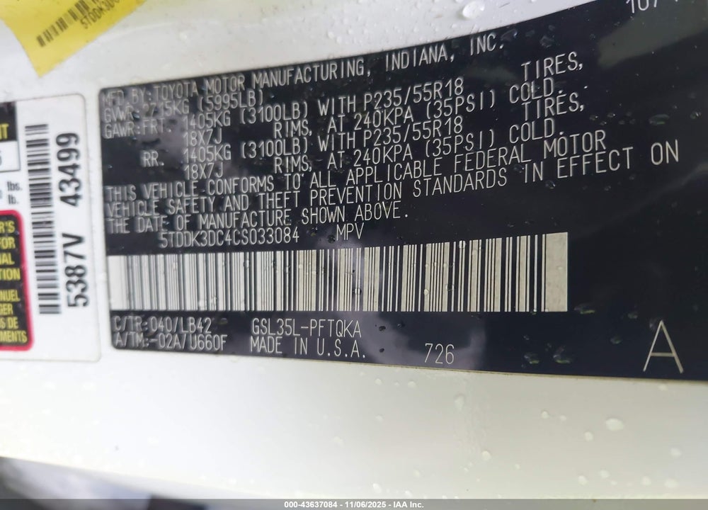 2012 TOYOTA SIENNA XLE 7 PASSENGER VIN: 5TDDK3DC4CS033084