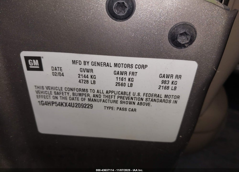 2004 BUICK LESABRE CUSTOM VIN: 1G4HP54KX4U209229