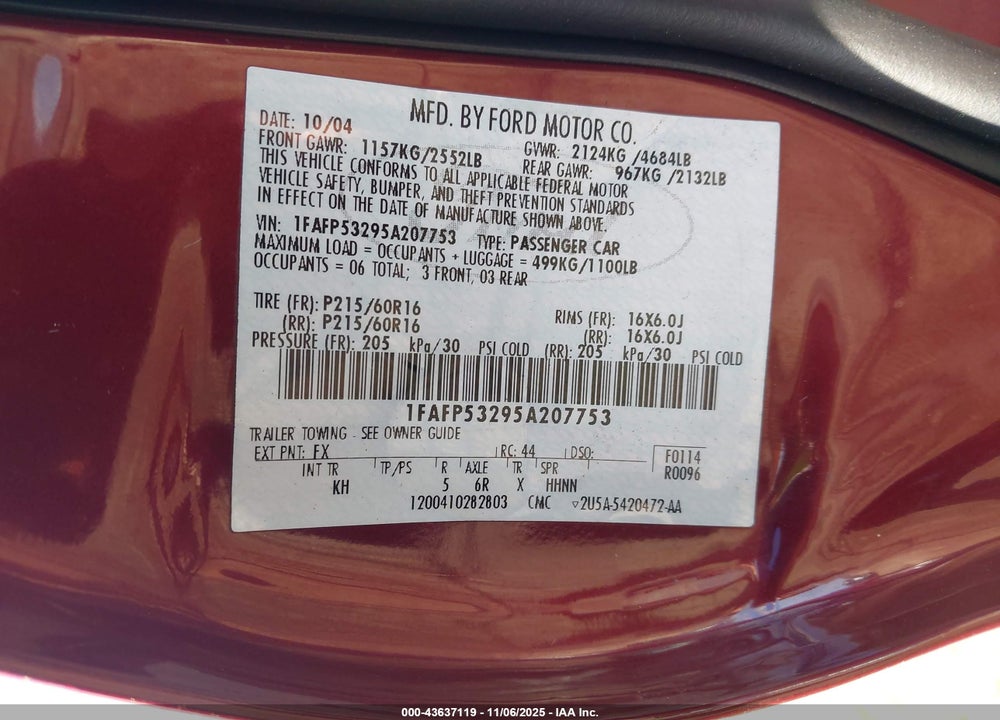 2005 FORD TAURUS SE VIN: 1FAFP53295A207753