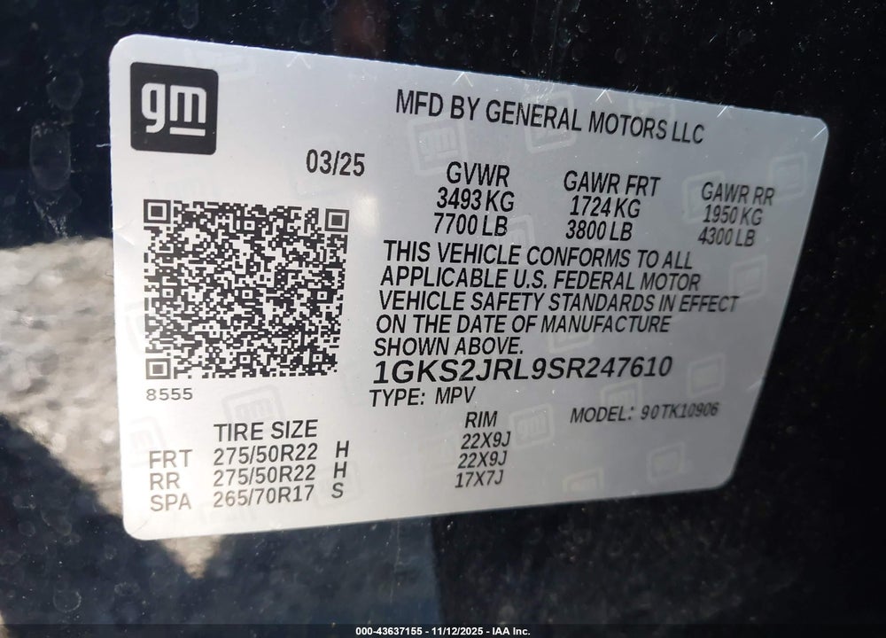 2025 GMC YUKON XL VIN: 1GKS2JRL9SR247610