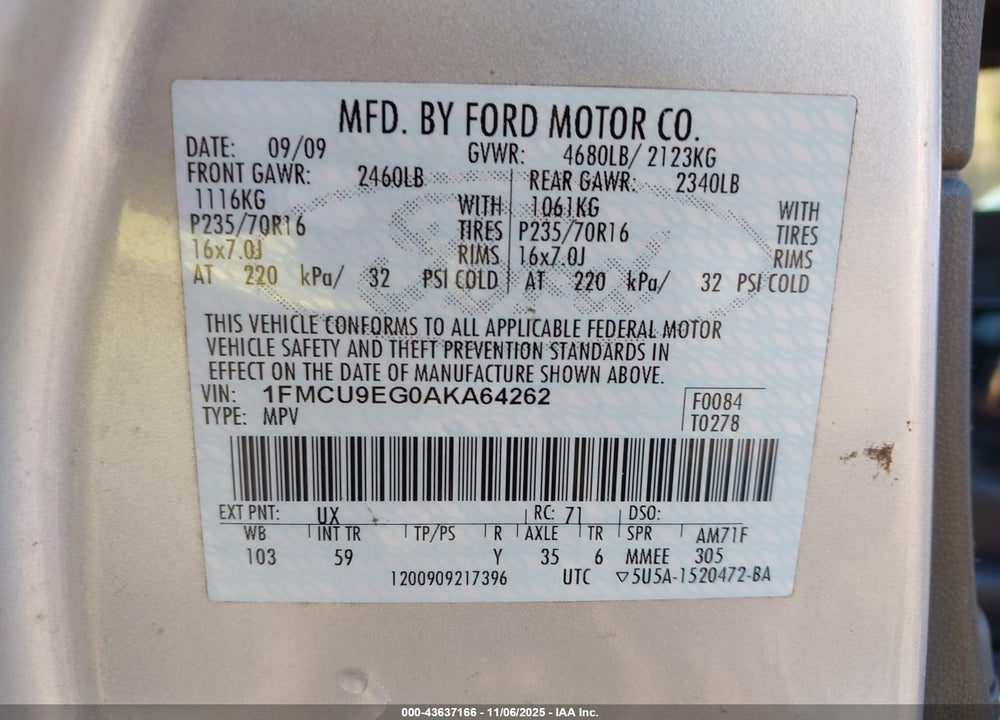 2010 FORD ESCAPE LIMITED VIN: 1FMCU9EG0AKA64262