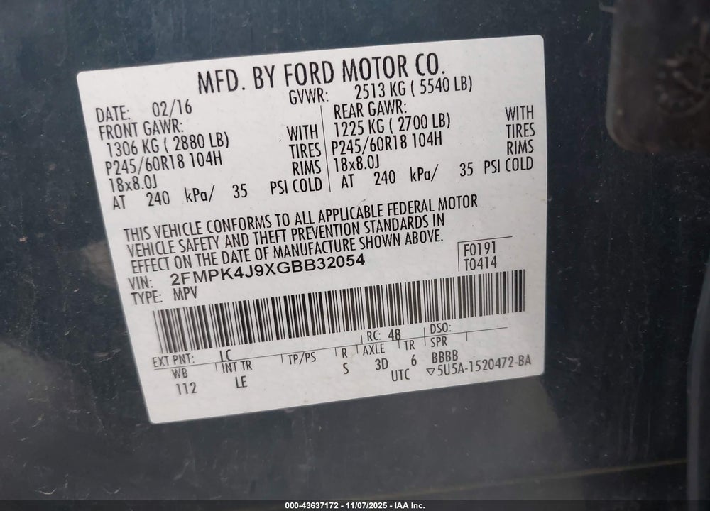2016 FORD EDGE VIN: 2FMPK4J9XGBB32054