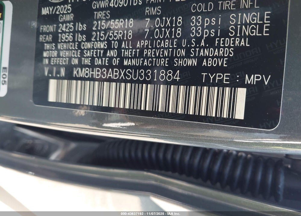 2025 HYUNDAI KONA VIN: KM8HB3ABXSU331884