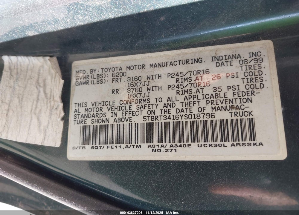 2000 TOYOTA TUNDRA SR5 V8 VIN: 5TBRT3416YS018796