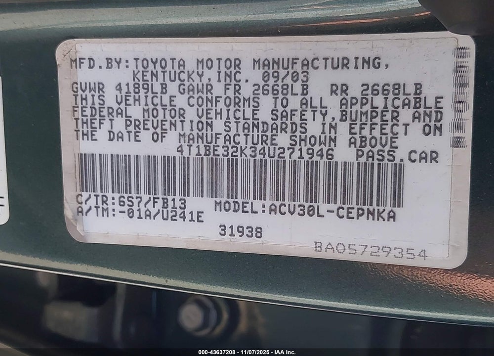 2004 TOYOTA CAMRY LE VIN: 4T1BE32K34U271946