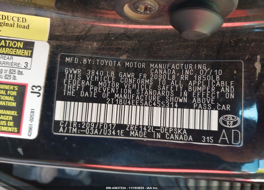 2010 TOYOTA COROLLA S VIN: 2T1BU4EE5AC455314