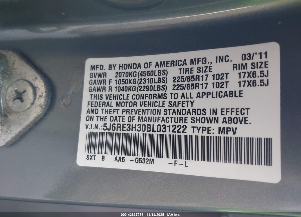 2011 HONDA CR-V LX VIN: 5J6RE3H30BL031222