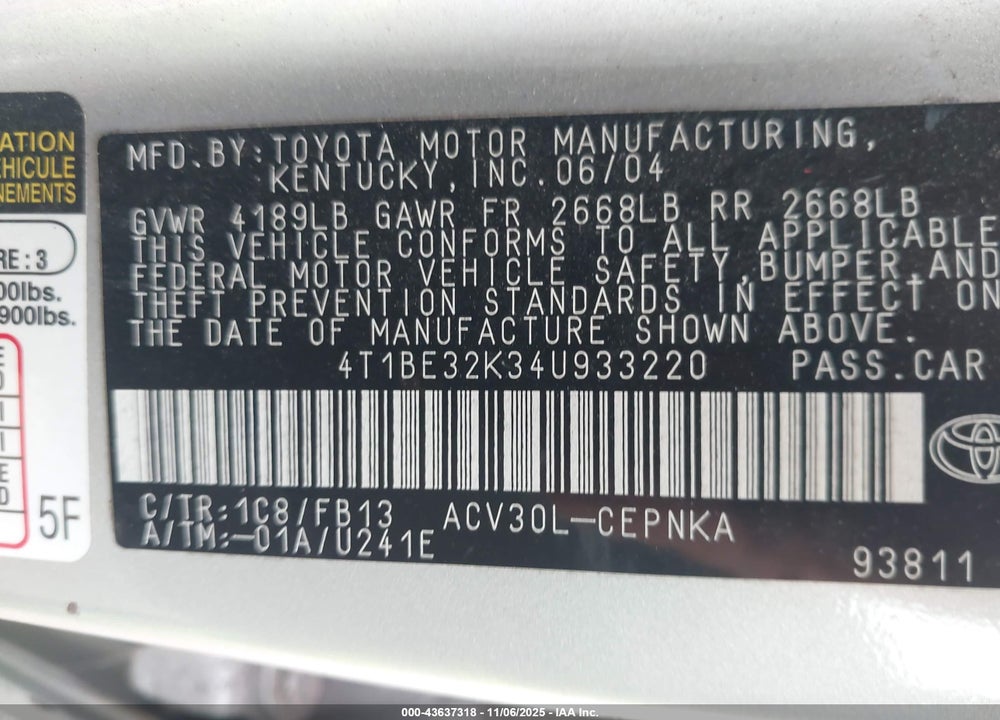 2004 TOYOTA CAMRY LE VIN: 4T1BE32K34U933220