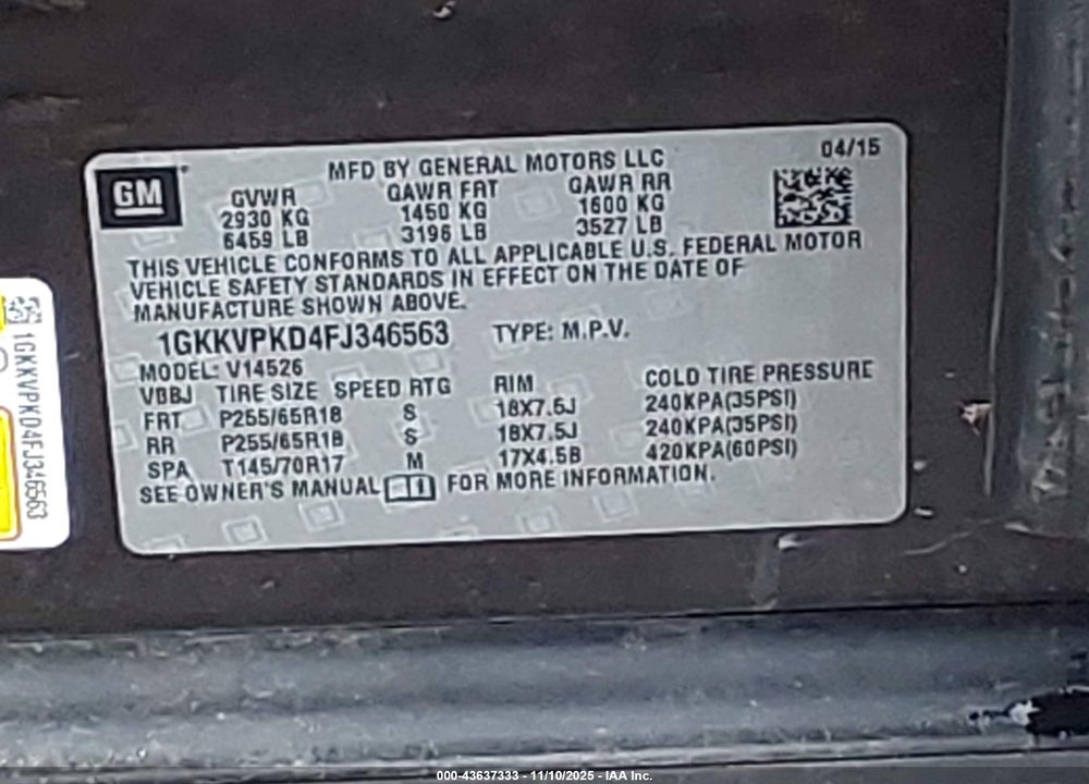 2015 GMC ACADIA SLE-2 VIN: 1GKKVPKD4FJ346563