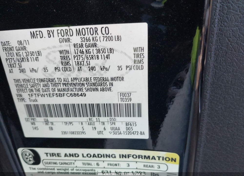 2011 FORD F-150 LARIAT VIN: 1FTFW1EF5BFC68649