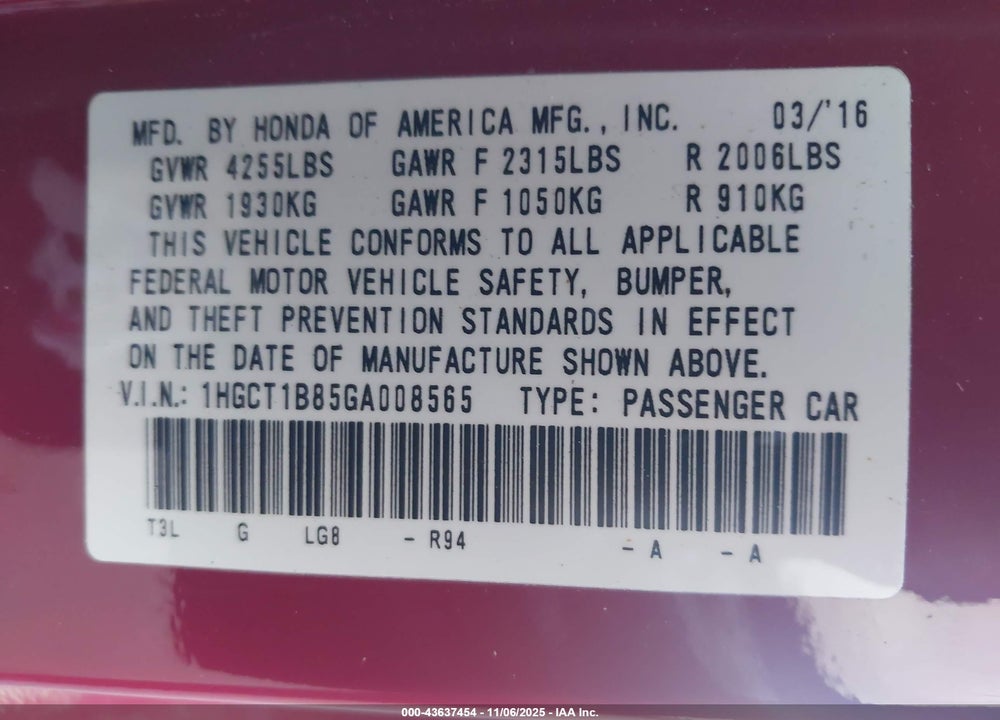 2016 HONDA ACCORD EX-L VIN: 1HGCT1B85GA008565