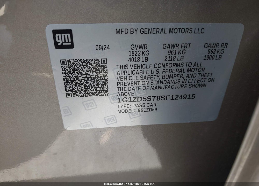 2025 CHEVROLET MALIBU VIN: 1G1ZD5ST8SF124915