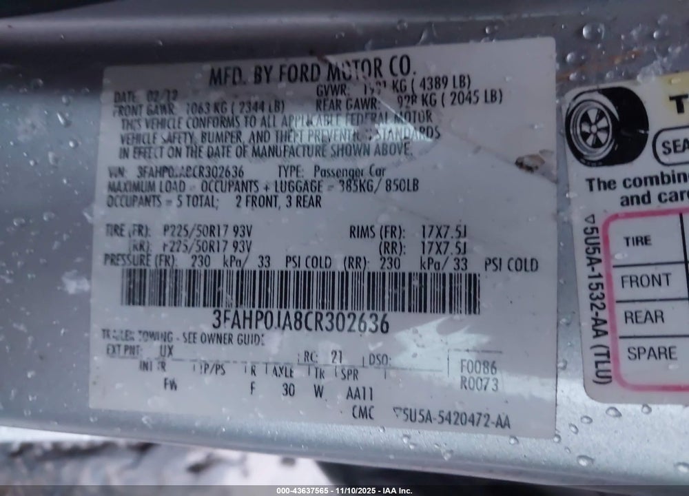 2012 FORD FUSION VIN: 3FAHP0JA8CR302636