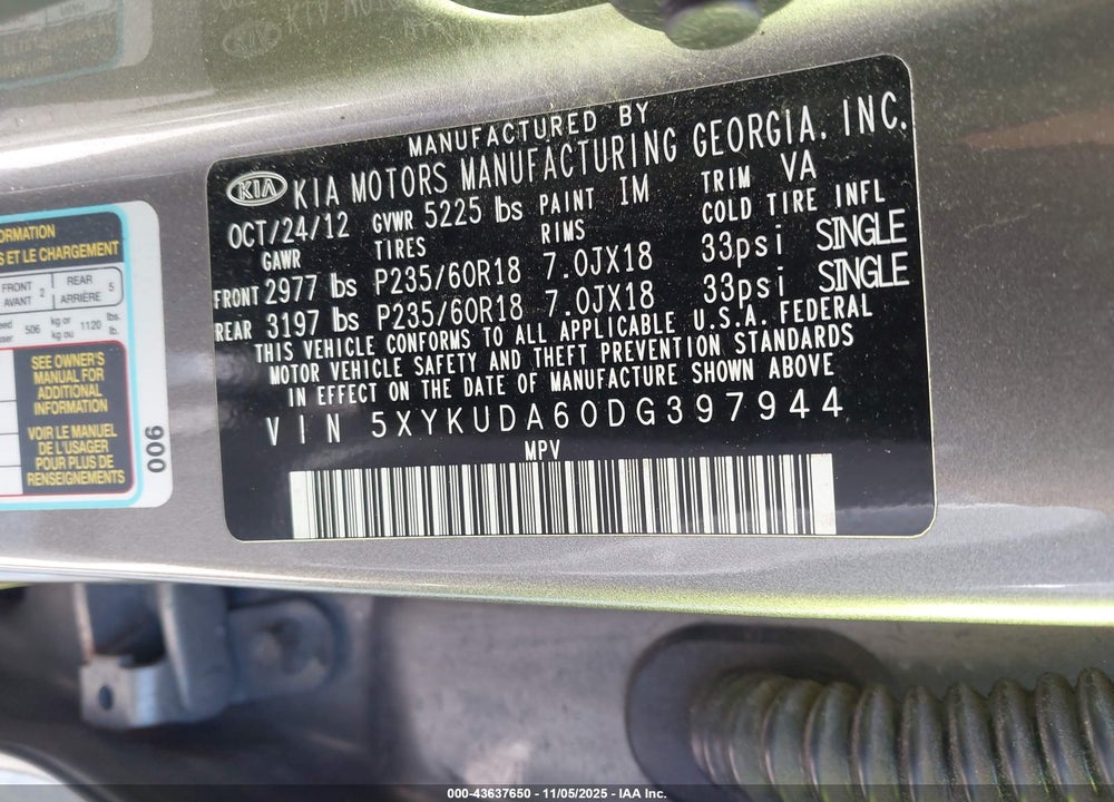 2013 KIA SORENTO VIN: 5XYKUDA60DG397944