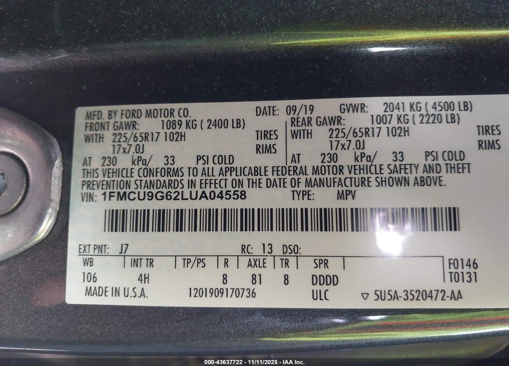2020 FORD ESCAPE SE VIN: 1FMCU9G62LUA04558