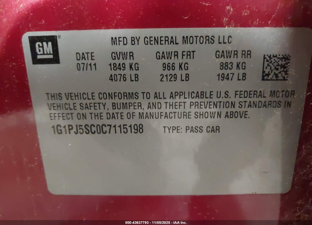 2012 CHEVROLET CRUZE ECO VIN: 1G1PJ5SC0C7115198