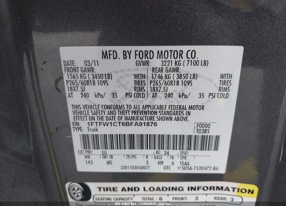 2011 FORD F-150 XLT VIN: 1FTFW1CT6BFA91876