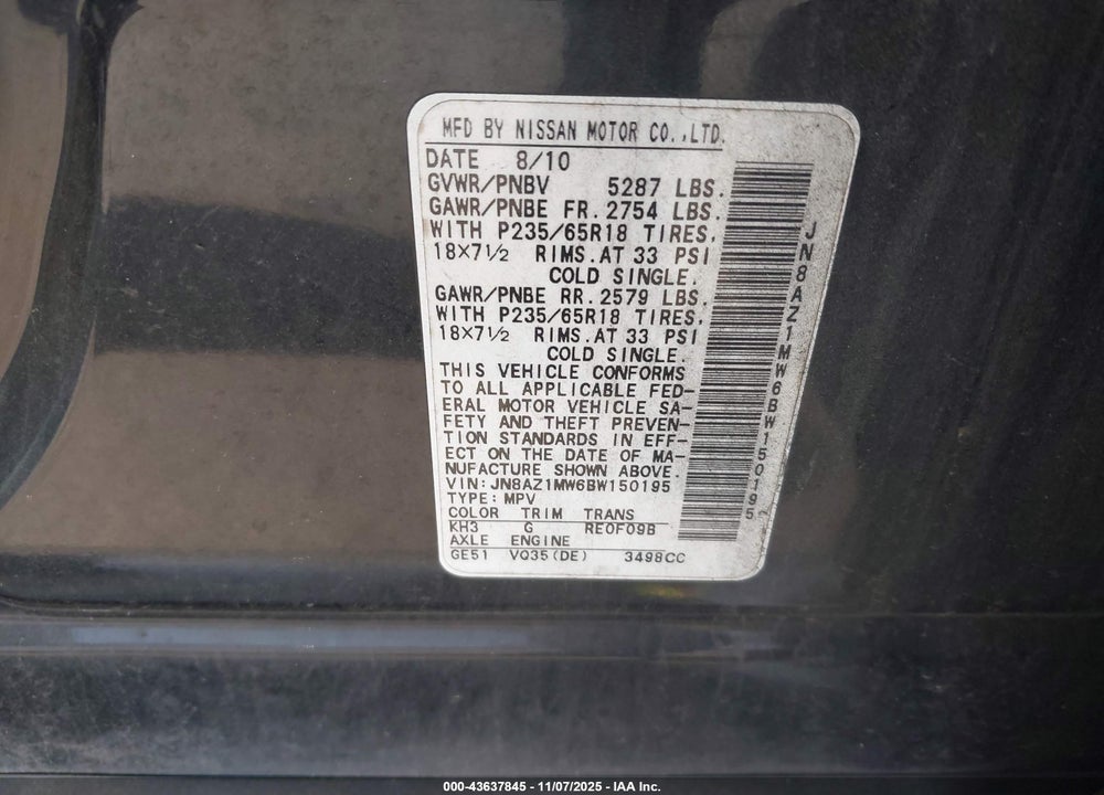 2011 NISSAN MURANO SL VIN: JN8AZ1MW6BW150195