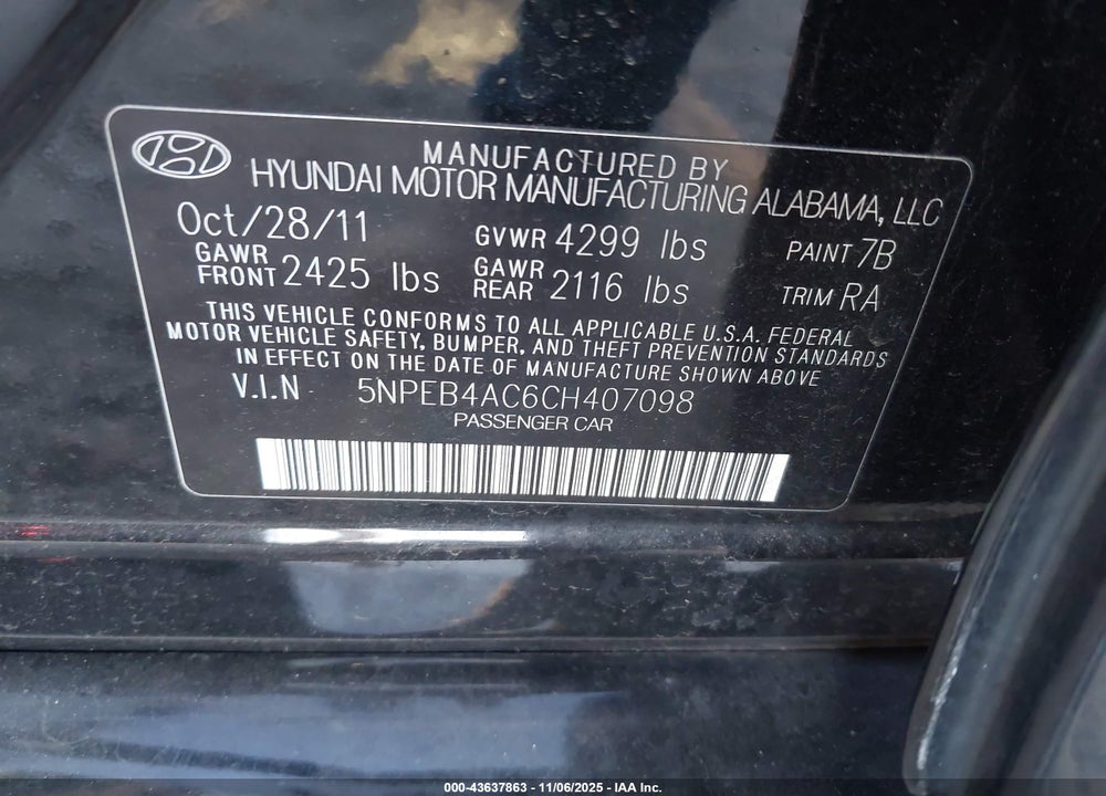 2012 HYUNDAI SONATA GLS VIN: 5NPEB4AC6CH407098