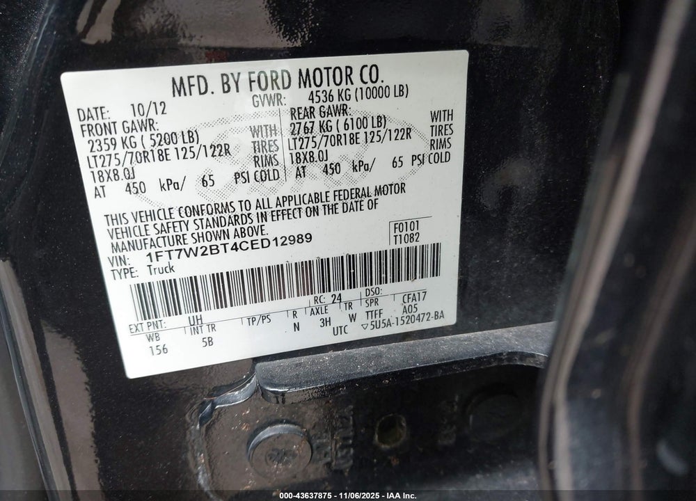2012 FORD F-250 LARIAT VIN: 1FT7W2BT4CED12989