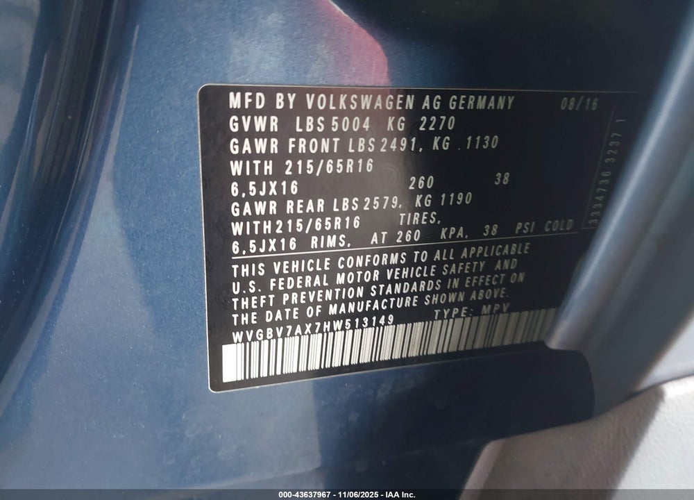 2017 VOLKSWAGEN TIGUAN 2.0T S VIN: WVGBV7AX7HW513149