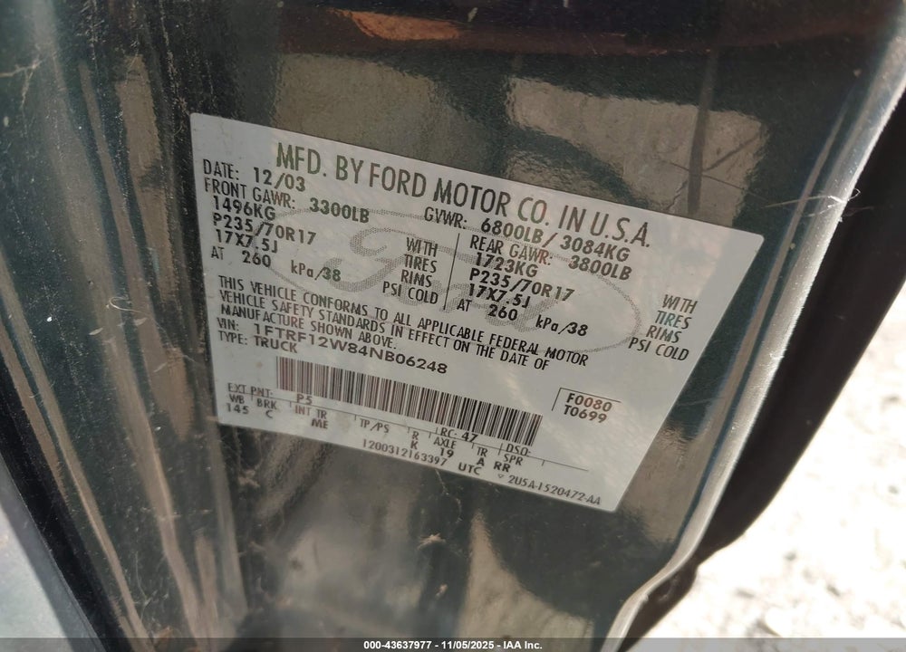 2004 FORD F-150 STX/XL/XLT VIN: 1FTRF12W84NB06248