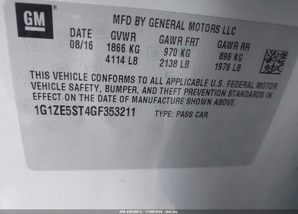 2016 CHEVROLET MALIBU VIN: 1G1ZE5ST4GF353211