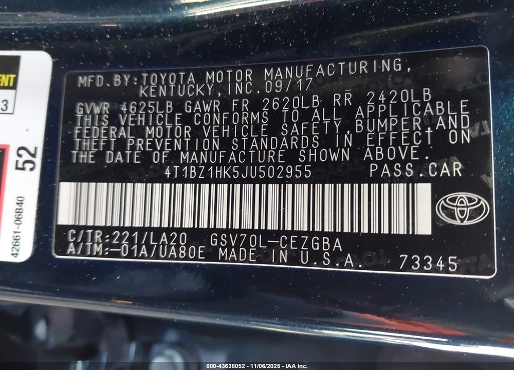2018 TOYOTA CAMRY XLE V6 VIN: 4T1BZ1HK5JU502955