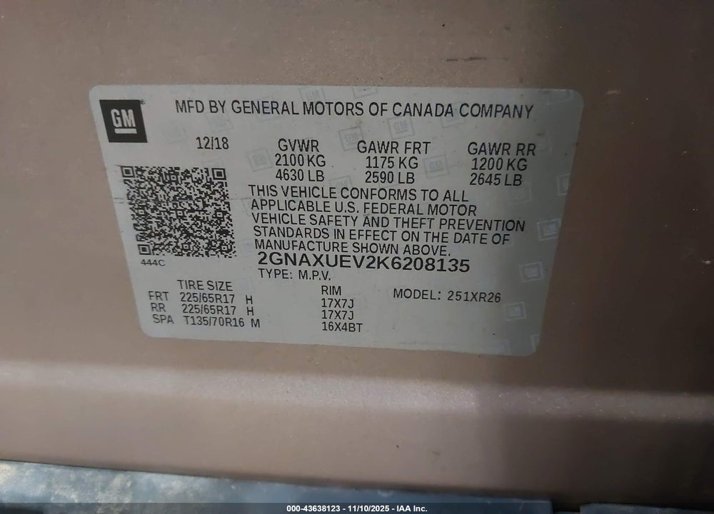 2019 CHEVROLET EQUINOX LT VIN: 2GNAXUEV2K6208135