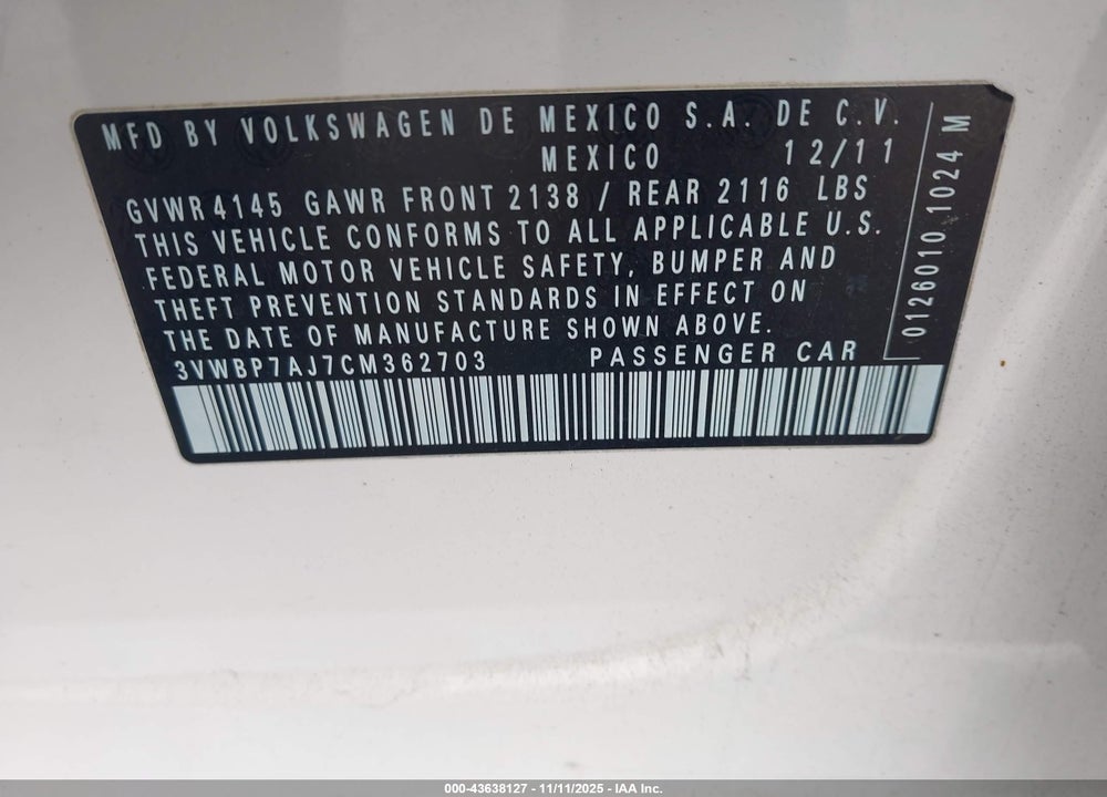 2012 VOLKSWAGEN JETTA 2.5L SE VIN: 3VWBP7AJ7CM362703