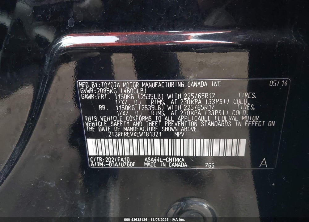 2014 TOYOTA RAV4 XLE VIN: 2T3RFREVXEW181321