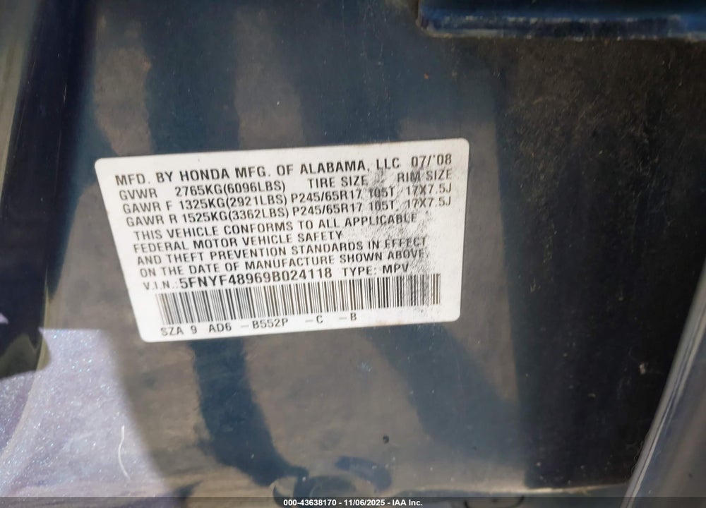 2009 HONDA PILOT TOURING VIN: 5FNYF48969B024118