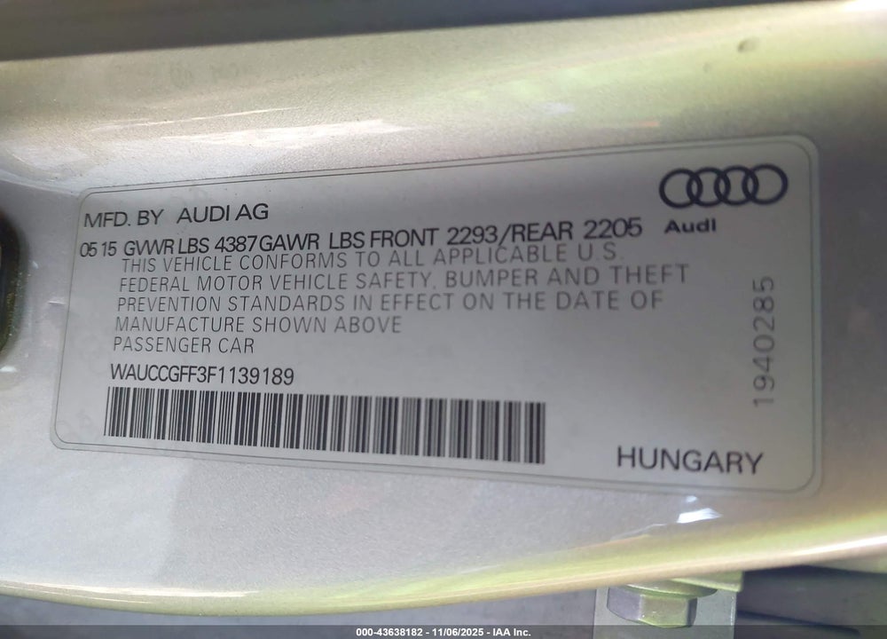 2015 AUDI A3 1.8T PREMIUM VIN: WAUCCGFF3F1139189