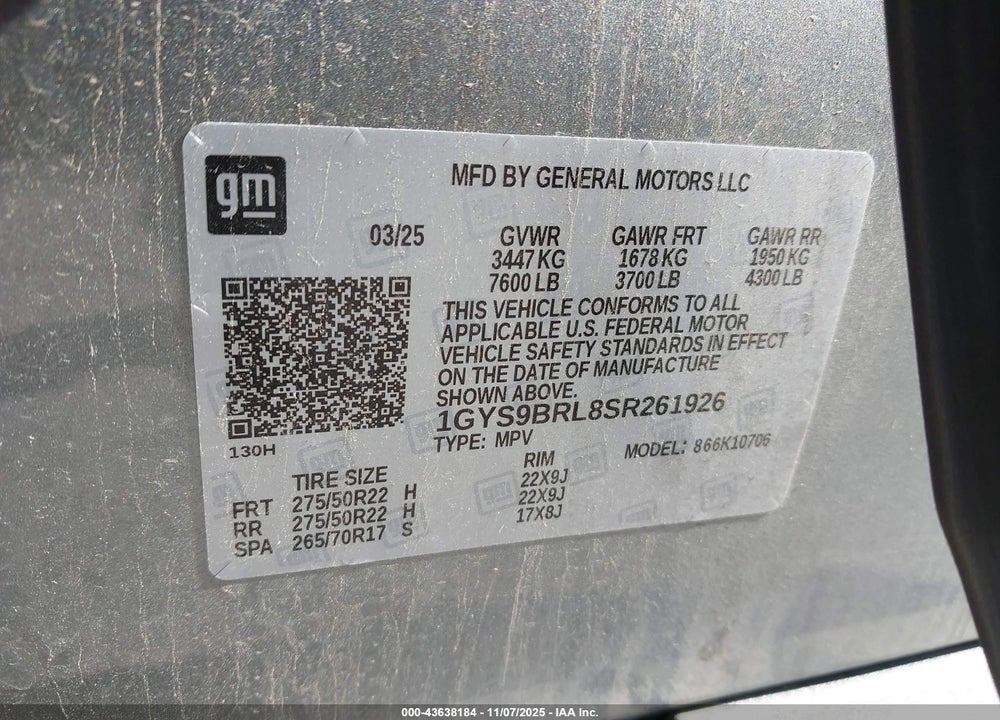 2025 CADILLAC ESCALADE VIN: 1GYS9BRL8SR261926