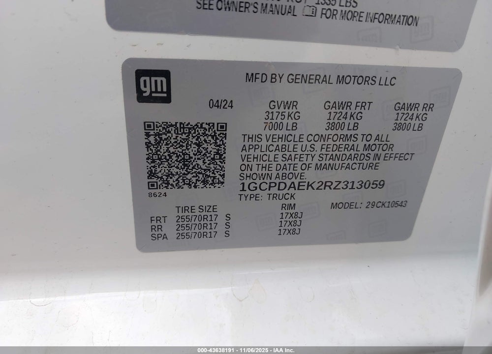 2024 CHEVROLET SILVERADO 1500 4WD  SHORT BED WT VIN: 1GCPDAEK2RZ313059