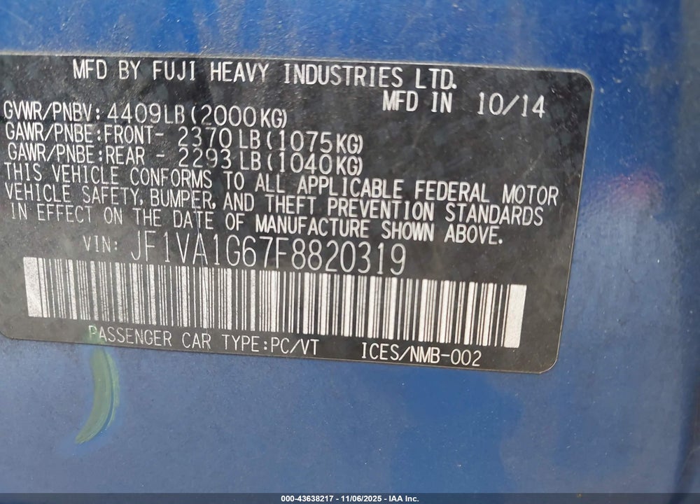 2015 SUBARU WRX LIMITED VIN: JF1VA1G67F8820319